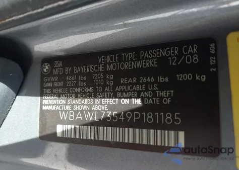 2009 BMW 335I из США, поврежденный, VIN WBAWL73549P181185